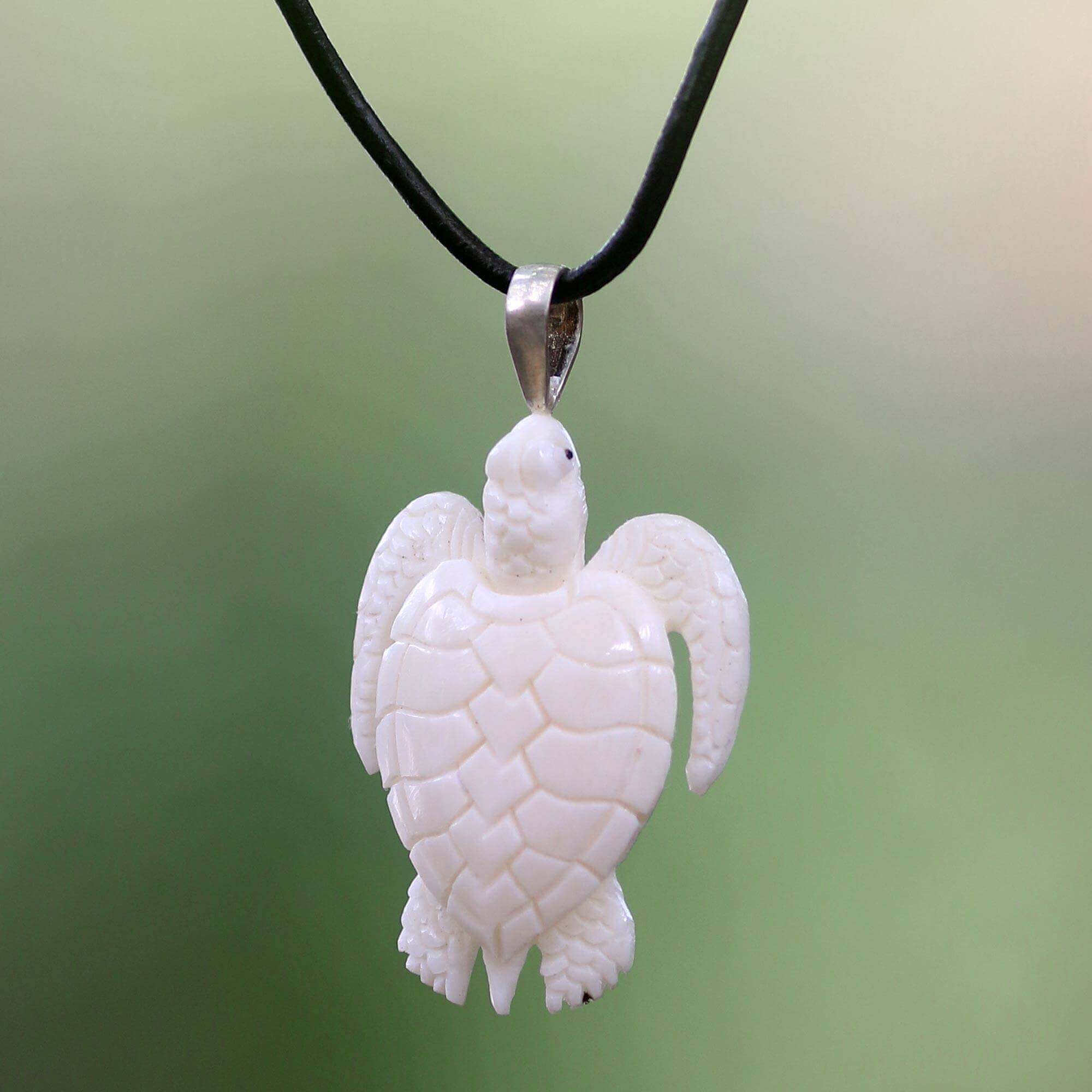 White Turtle Leather Cord Necklace Hand Crafted White Turtle Pendant on Leather Cord Necklace