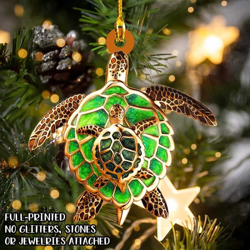 SHAPED ORNAMENT - TURTLE MOM AND BABY - NT168 - LOOP - OR006 CUSTOM SHAPED ORNAMENT Green Turtle Mom And Baby Ornament