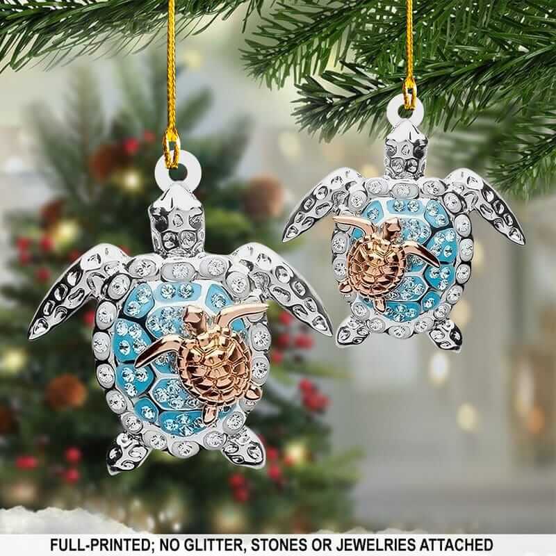 TURTLE - SHAPED ORNAMENT 18 - NVC97 (FULL-PRINTED; NO GLITTER, STONES OR JEWELRIES ATTACHED) CUSTOM SHAPED ORNAMENT Blue Turtle And Baby Ornament